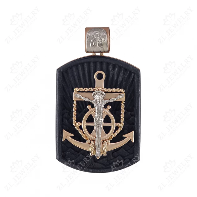 Golden cross with a helm and an anchor on a wooden base with a prayer