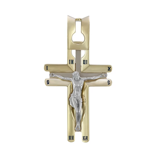 Golden cross in an unusual design with a crucifix in white gold