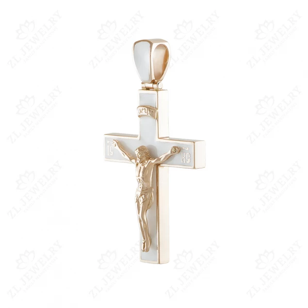 Cross with Crucifixion in white enamel Photo-1