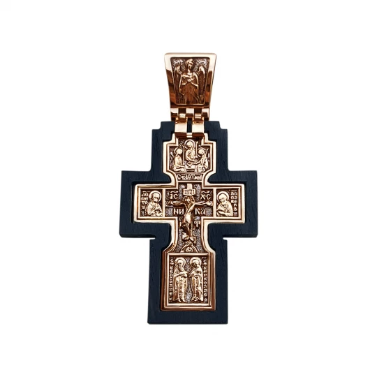 Cross on a wooden base with faces of saints