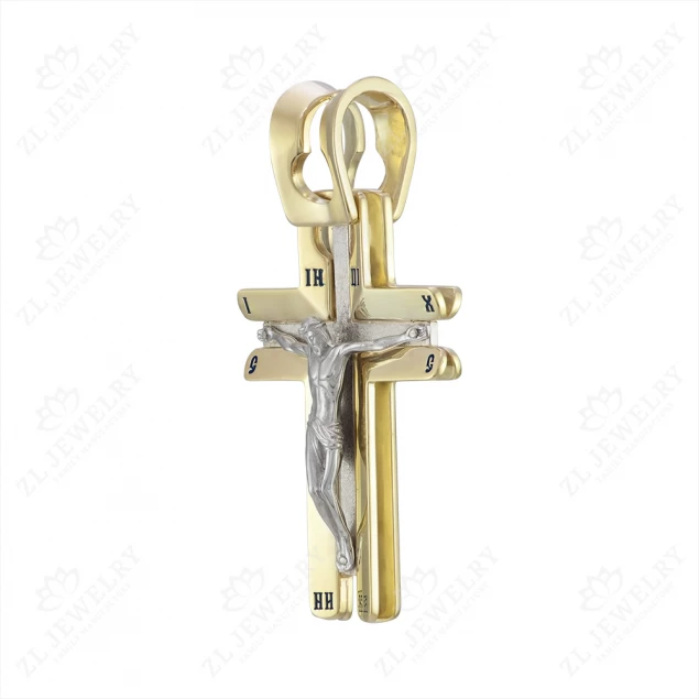Golden cross in an unusual design with a crucifix in white gold Photo-1
