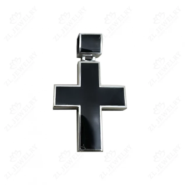 Cross with enamel in white gold on a wooden base