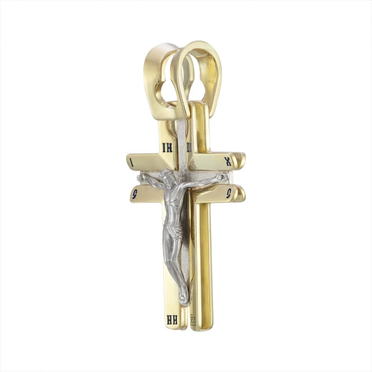 Golden cross in an unusual design with a crucifix in white gold