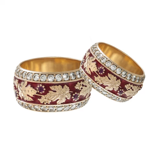 Wedding rings &quot;Autumn melody&quot; with red enamel